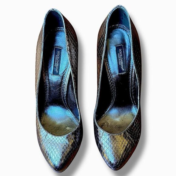 Vintage Dolce & Gabbana Metallic Python Stiletto Pumps 5” Heel | Sz 38 Y2K Glam - Picture 2 of 10